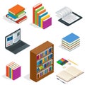 Isometric Educational Concept. Open book of knowledge, back to school, different educational supplies Can be used for