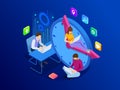 Isometric Effective time management concept. Business people plans and organizes working time, deals deadlines, achieve Royalty Free Stock Photo