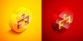 Isometric Egyptian house icon isolated on orange and red background. Circle button. Vector