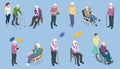 Isometric Elderly care. Elderly, old people, and senior people at home. Aged people. Grandparents, Aged seniors nurse