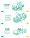 Isometric Electric Car, Bus and Flatbed Cargo Truck with Boxes on Charging Station