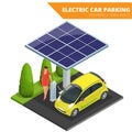 Isometric Electric car parking, electronic car. Ecological concept. Eco friendly green world. Flat 3d vector isometric