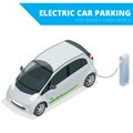 Isometric Electric car parking, electronic car. Ecological concept. Eco friendly green world. Flat 3d vector isometric