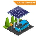 Isometric Electric car parking, electronic car. Ecological concept. Eco friendly green world. Flat 3d vector isometric