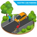 Isometric Electric car parking, electronic car. Ecological concept. Eco friendly green world. Flat 3d vector isometric