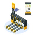 Isometric electric scooters for rent at station and cashier machine for payment. Mobile application on the phone for