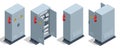 Isometric Electric switchboard. Transformer. Distribution board. Electrical power switch panel. Electricity equipment