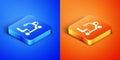 Isometric Electric wheelchair for disabled people icon isolated on blue and orange background. Mobility scooter icon
