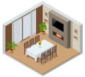 Isometric elegant dining room with window, TV and fireplace. Kitchen with the modern furniture.