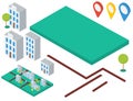 Isometric elements for map. Buildings, trees, gps icons Royalty Free Stock Photo