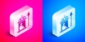 Isometric Elevator for disabled icon isolated on pink and blue background. Silver square button. Vector