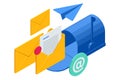 Isometric email, business e-mail communication and digital marketing, electronic message alert