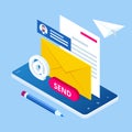 Isometric Email Inbox Electronic Communication. E-mail marketing. Receiving messages. New mail receive. Inbox message Royalty Free Stock Photo