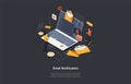 Isometric Email Notification Concept. People Receive And Send Emails. Big Laptop with Open Envelope And Infographics on