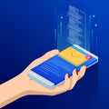 Isometric email or sms app on a smartphone screen. New message is received. Female fingers touching smartphone with mail Royalty Free Stock Photo