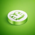 Isometric Embroidered shirt icon isolated on green background. National ukrainian clothing. White circle button. Vector
