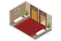 Isometric empty luxury hotel hallway interior with closed numbered doors, glowing wall lamps, potted plants and elevator