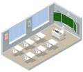 Isometric empty school classroom. Education. Classroom design with modern desks, seats and blackboard. Back to school