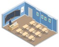 Isometric empty school classroom. Education. Classroom design with modern desks, seats and blackboard. Back to school