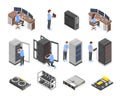 Isometric engineers characters. Data center workers and network administrators. Cloud servers equipment, computers and