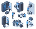Isometric engineers characters serve data center network equipment. Computer network technology repair workers vector illustration