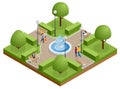 Isometric eople relaxing and walking in the park near the lake. Active and healthy relaxation. Royalty Free Stock Photo