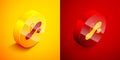 Isometric Escalator down icon isolated on orange and red background. Circle button. Vector