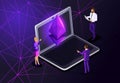 Isometric Ethereum crisis concept with Ether symbol, crypto currency, space, new virtual money, business ladies and businessmen