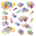 Isometric euro banknotes. Cash money. Various euros bundles and coins. 3D financial awards. European currency collection. Economic Royalty Free Stock Photo