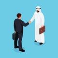 Isometric European and Muslim businessmen shake hands.
