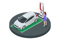 Isometric EV charger station application on mobile. Car charger. Electromobile charging station.