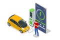 Isometric EV charger station application on mobile. Car charger. Electromobile charging station.