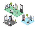 Isometric exhibition. Abstract promotional event with promoters, marketing workers and visitors. Company demo displays