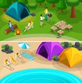 Isometric Expedition travel hiking, 2 horizontal webpage banners with weekend friends picnic camping vacation, vector illustration Royalty Free Stock Photo