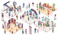 Isometric expo, people at exhibition trade center Royalty Free Stock Photo