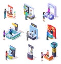 Isometric expo stands. Exhibition demonstration stand and trade stalls with people. 3d vector set Royalty Free Stock Photo