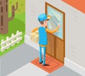 Isometric Express Courier Special Delivery Boy Man Messenger Cardboard Box Concept Knocking at Customer Door Wall Royalty Free Stock Photo