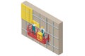 Isometric External Wall Insulation System, Building Facade Insulation Works. Styrofoam facade layers. Worker in Hardhat
