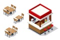 Isometric Facade of Fast Food Store Restaurant. Fast food restaurant building