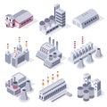 Isometric factory buildings. Industrial power plant building, factories warehouse storage and industry estate 3D vector Royalty Free Stock Photo