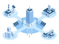 Isometric factory industrial facilities, buildings complex. Industrial plant electricity resource supply and