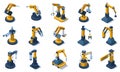 Isometric factory mechanised automated robotic arms. Factory industrial automated robotics arms, mechanical robotic