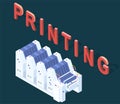 Isometric factory printer near inscription printing. Office or production equipment, technology