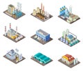 Isometric factory set. 3d industrial buildings, power plant and warehouse. Isolated vector collection