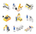 Isometric factory workers. People in uniform working with technology machines and modern robotic arms. Assembly line