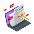 Isometric Fake News Concept. Fake Newspaper Portal. Online Corona Fake news on a laptop.