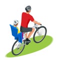 Isometric family biking. Young father safety helmet with toddler strapped child seat his bicycle. Bicycle with plastic