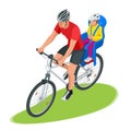 Isometric family biking. Young father safety helmet with toddler strapped child seat his bicycle. Bicycle with plastic