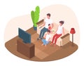 Isometric family with kid watch tv in living room. Parenthood mother and father with kids watching television vector Royalty Free Stock Photo