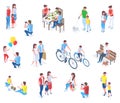 Isometric family with kids, parenting daily or holiday activities. Adults and elders spending time with children vector